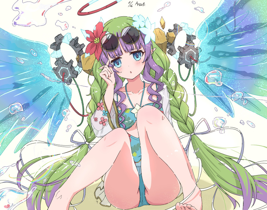 adjusting_hair ameth_(princess_connect!) ameth_(summer)_(princess_connect!) aqua_one-piece_swimsuit blunt_bangs braid casual_one-piece_swimsuit crystal_wings eyewear_on_head flower foolforpriconne green_hair hair_flower hair_ornament halo hibiscus highres knees_up long_hair low_twin_braids multicolored_hair one-piece_swimsuit pointy_ears princess_connect! purple_hair red_halo see-through see-through_sleeves sunglasses swimsuit tinted_eyewear twin_braids very_long_hair