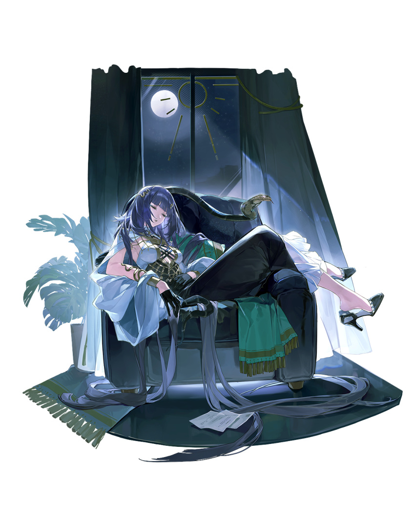 black_gloves black_hair bracelet breasts cleopatra_(pgr) closed_eyes closed_mouth cobra_(animal) couch dress female full_body full_moon gloves hair_ornament high_heels highres jewelry long_hair moon night no_shoes official_art on_couch punishing:_gray_raven shoe_dangle smile snake solo third-party_source transparent_background very_long_hair window