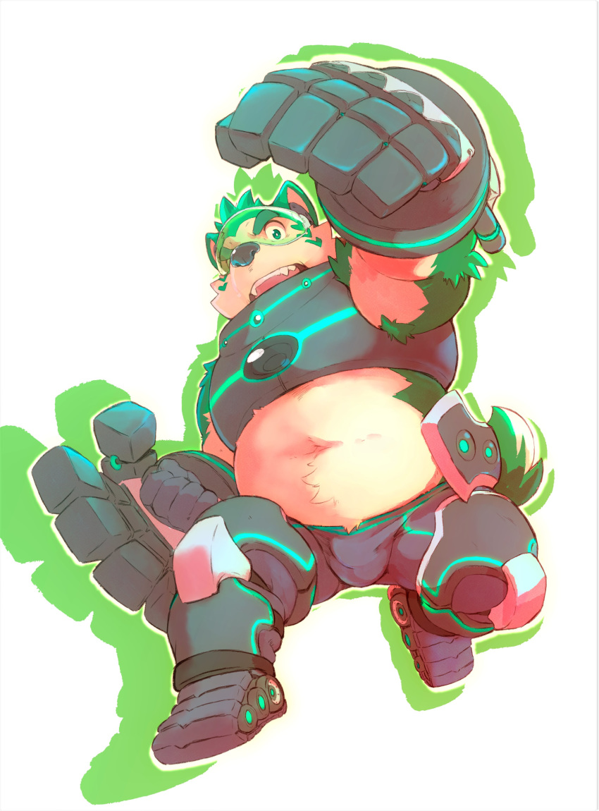 absurd_res anthro armor belly bulge canid canine canis clothing domestic_dog fur gauntlets gloves green_body green_fur handwear heylaw21 hi_res lifewonders live_a_hero male mammal mokdai navel slightly_chubby solo superhero visor