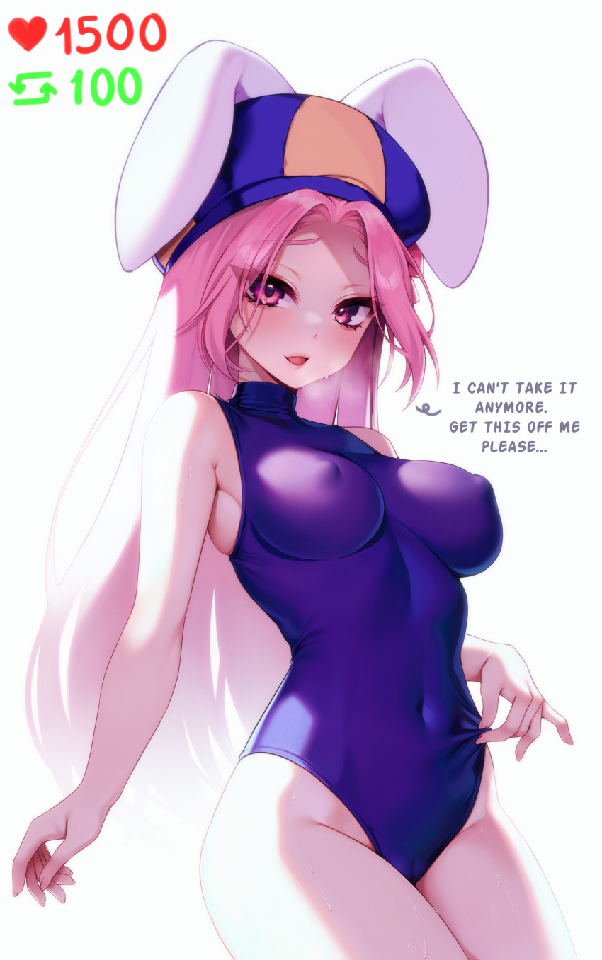 absurdres animal_ears breasts covered_navel crush_crush english_commentary english_text female hat highres large_breasts leotard long_hair looking_at_viewer meme mur_(crush_crush) murmoruno open_mouth original parted_bangs pink_eyes pink_hair purple_leotard rabbit_ears solo sweat turtleneck turtleneck_leotard twitter_strip_game_(meme) two-tone_headwear