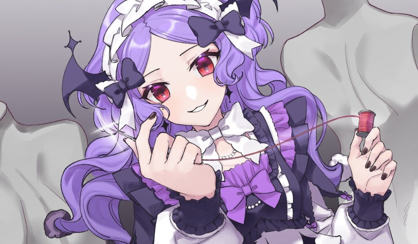 3di_project bat_wings drudrusilla_purple eyelashes female fingernails gothic_lolita hairband lolita_fashion long_sleeves nail_polish puffy_long_sleeves puffy_sleeves purple_hair rigu_(3di) solo swept_bangs vampire virtual_youtuber wavy_hair wings