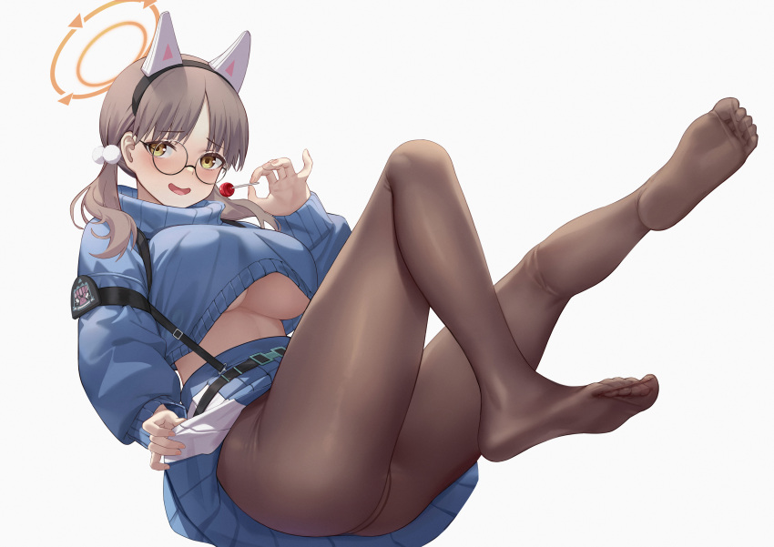 absurdres animal_ears ass black-framed_eyewear blue_archive blue_sweater breasts brown_hair brown_pantyhose candy chinese_commentary commentary fake_animal_ears feet female food full_body glasses halo highres holding holding_food large_breasts lollipop long_hair long_sleeves looking_at_viewer moe_(blue_archive) no_bra no_shoes pantyhose round_eyewear simple_background smile solo sweater toe_seam toes turtleneck turtleneck_sweater twintails underboob white_background yellow_eyes yizhirenben