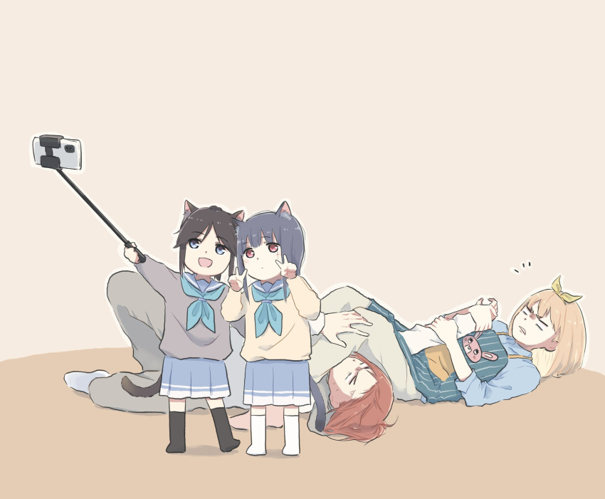 4girls animal_ears apron arm_grab armbar black_hair black_legwear blonde_hair blue_eyes blue_sailor_collar blue_skirt bow brown_hair cat_ears cat_tail cellphone commentary double_v fighting grabbing hairbow hibike!_euphonium highres joint_lock kasaki_nozomi kitauji_high_school_uniform lyy multiple_girls nakagawa_natsuki pants phone pleated_skirt red_eyes red_hair sailor_collar school_uniform selfie selfie_stick serafuku skirt submission_hold sweater symbol-only_commentary tail taking_picture v white_legwear wrestling yoroizuka_mizore yoshikawa_yuuko