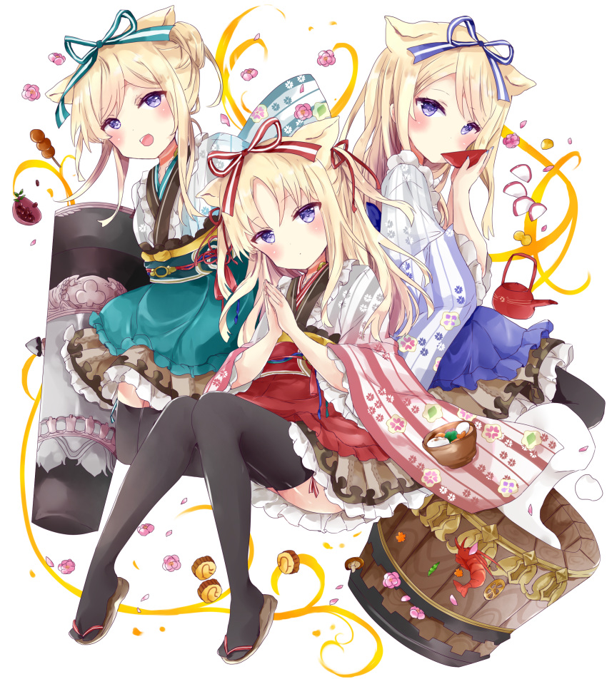 3girls :d absurdres animal_ears bad_id bad_pixiv_id black_legwear blonde_hair blue_bow blue_eyes blue_kimono blue_little_pig_(sinoalice) blue_nails blue_skirt blush bow brown_footwear closed_mouth commentary cup drinking floral_print frilled_skirt frills gradient_kimono green_little_pig_(sinoalice) hair_bun hairbow highres holding holding_cup japanese_clothes kimono long_hair multiple_girls nail_polish open_mouth own_hands_together palms_together print_kimono red_bow red_kimono red_little_pig_(sinoalice) sandals siblings single_hair_bun single_side_bun sinoalice sisters skirt smile striped_bow striped_clothes striped_kimono teapot thighhighs tsukiyo_(skymint) vertical-striped_clothes vertical-striped_kimono very_long_hair white_background wide_sleeves zouri