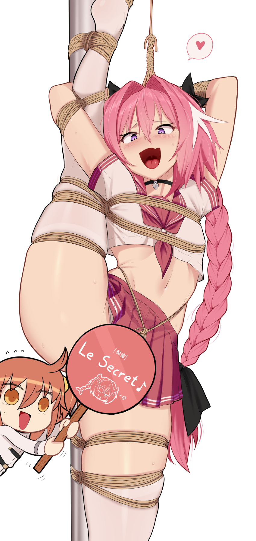 1boy absurdres astolfo_(fate) astolfo_(sailor_paladin)_(fate) bagelbomb blush bondage bondage bondage bound bow braid braided_ponytail cowboy_shot crop_top crossdressing fate/grand_order fate_(series) hair_intakes hairbow heart highres long_braid long_hair looking_at_viewer male_focus midriff multicolored_hair navel neckerchief official_alternate_costume open_mouth otoko_no_ko panties pink_hair pink_neckerchief pink_sailor_collar pink_skirt purple_eyes sailor_collar school_uniform serafuku shirt short_sleeves simple_background skirt smile solo spoken_heart streaked_hair thighhighs underwear white_background white_hair white_shirt white_thighhighs