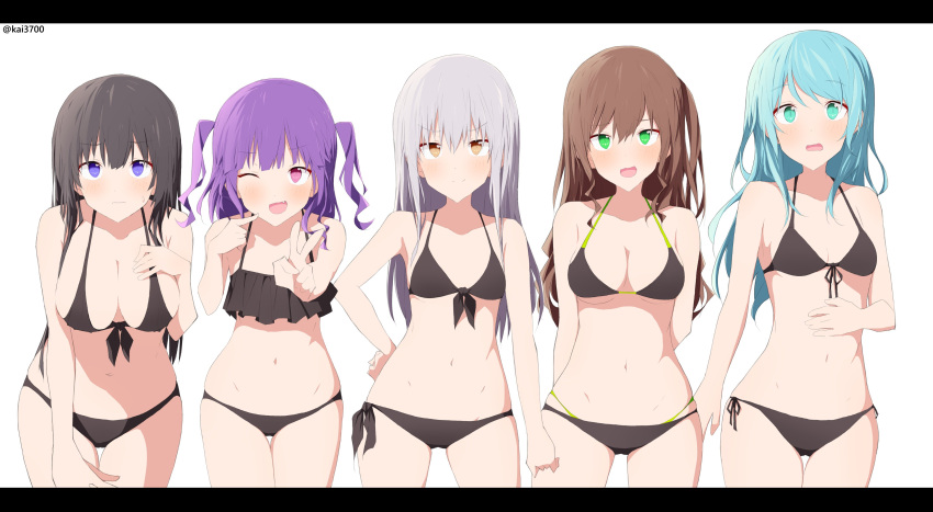 5girls :d ;d absurdres aqua_hair arms_behind_back bang_dream! bare_legs bare_shoulders bikini black_bikini black_border black_hair blue_eyes blush border breasts brown_hair camisole cleavage closed_mouth cowboy_shot finger_to_mouth flying_sweatdrops frilled_bikini frilled_camisole frills front-tie_bikini_top front-tie_top green_eyes grey_hair halterneck hand_on_own_chest hand_on_own_hip hand_on_own_stomach highres hikawa_sayo imai_lisa kai3700 large_breasts layered_bikini leaning_forward long_hair looking_at_viewer lowleg lowleg_bikini medium_breasts medium_hair minato_yukina multiple_girls navel oerba_yun_fang one_eye_closed one_side_up open_mouth orange_eyes purple_eyes purple_hair roselia_(bang_dream!) shadow shirokane_rinko side-tie_bikini_bottom sidelocks simple_background skindentation small_breasts smile smug standing stomach sweat sweatdrop swept_bangs swimsuit thigh_gap thighs twitter_username two_side_up udagawa_ako v wavy_mouth white_background