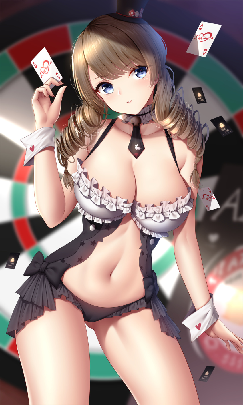 ass_visible_through_thighs azur_lane bare_arms bare_shoulders black_hat black_panties blue_eyes blurry breasts brown_hair card center_opening choker cleavage collarbone cowboy_shot dartboard dead_or_alive dead_or_alive_xtreme depth_of_field drill_hair female frilled_choker frilled_panties frills hand_up hat highres holding large_breasts long_hair looking_at_viewer monica_(doa) monica_(the_ace_of_hearts)_(doa) navel necktie panties parted_lips playing_card revealing_clothes short_necktie solo standing stomach thighs top_hat twin_drills twintails underwear wrist_cuffs wsman