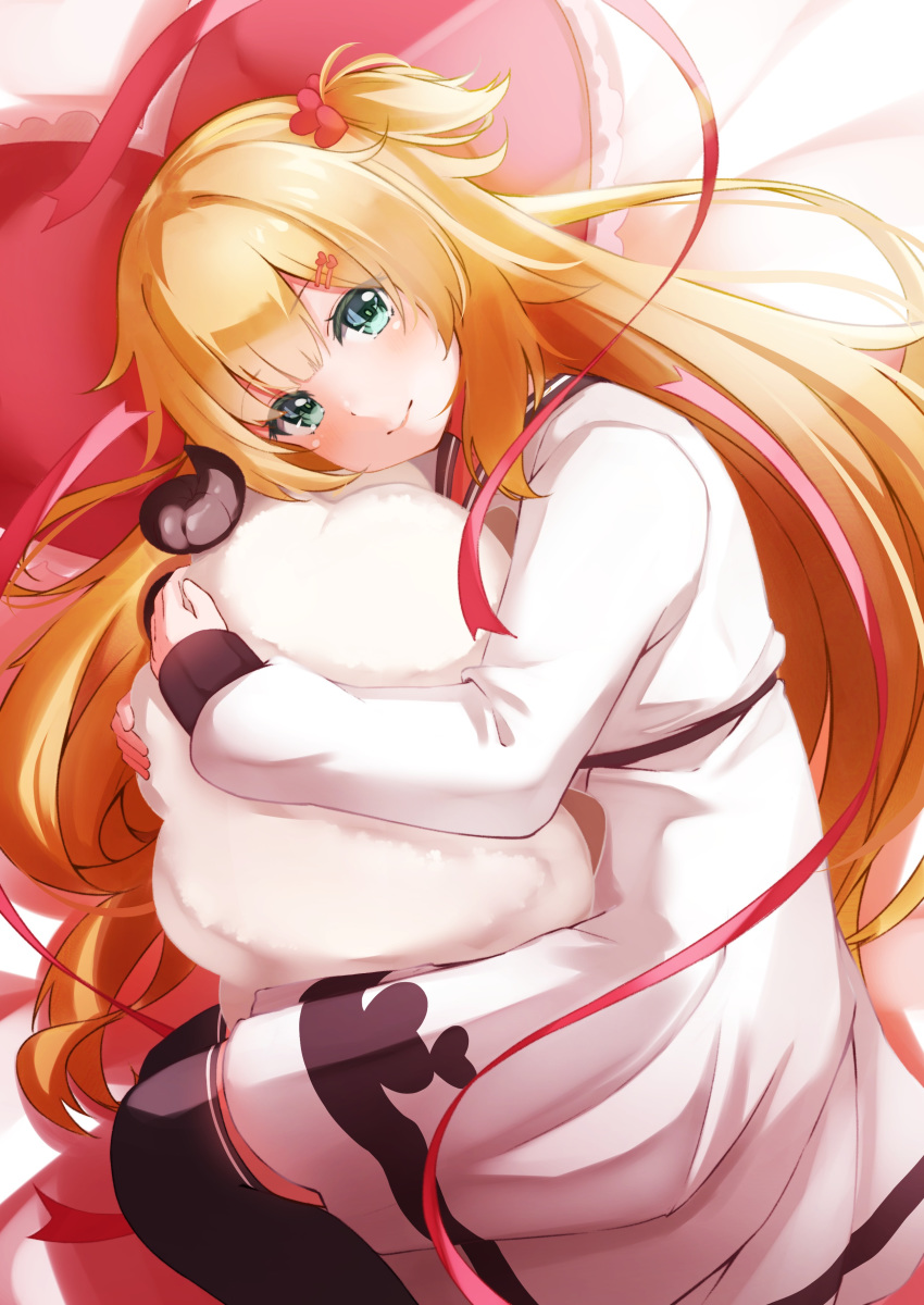 absurdres akai_haato akai_haato_(casual) blonde_hair blue_eyes blush closed_mouth dress feet_out_of_frame female hair_ornament hairclip heart heart-shaped_pillow heart_hair_ornament highres holding holding_stuffed_toy hololive long_hair long_sleeves looking_at_viewer lying nyan_(reinyan_007) official_alternate_costume on_pillow on_side one_side_up pillow red_ribbon ribbon smile solo stuffed_animal stuffed_sheep stuffed_toy very_long_hair virtual_youtuber white_dress