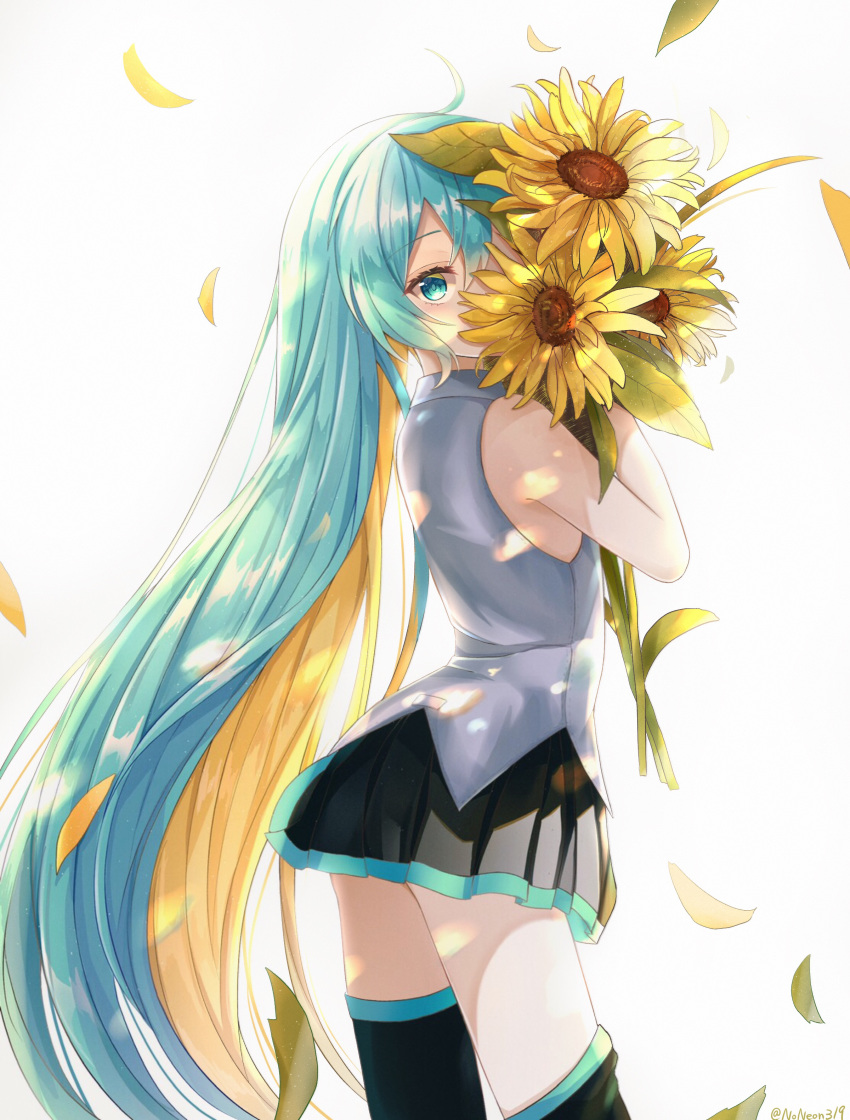 absurdres ahoge alternate_hairstyle aqua_eyes aqua_hair black_skirt black_thighhighs blonde_hair commentary covering_face cowboy_shot female flower grey_shirt hair_between_eyes hatsune_miku highres holding holding_flower long_hair looking_at_viewer looking_back multicolored_hair noneon319 petals petals_on_liquid pleated_skirt shirt sidelocks simple_background skirt sleeveless sleeveless_shirt solo sunflower thighhighs two-tone_hair vocaloid white_background yellow_flower