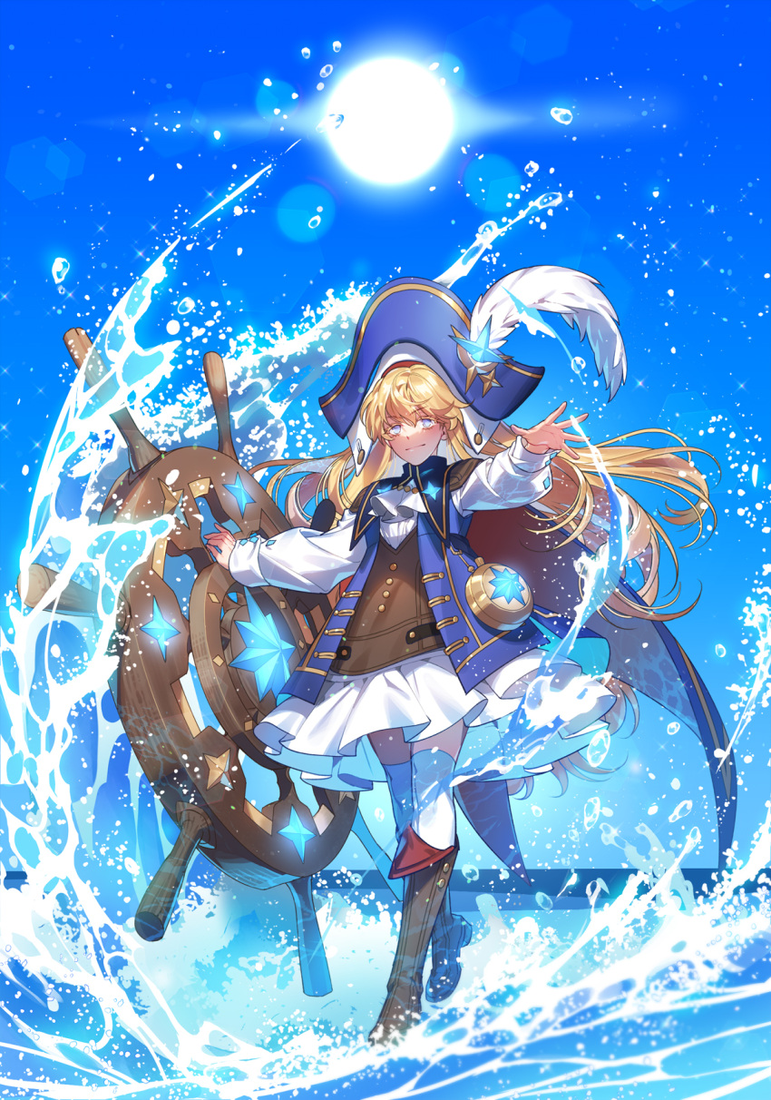 blonde_hair blue_eyes blue_sky blush boots female hat highres korean_commentary long_hair looking_ahead looking_at_viewer lord_of_heroes pale_skin pirate pirate_hat rosanna_devicci rosanna_devicci_(water) sixa sky smile solo sun water waves