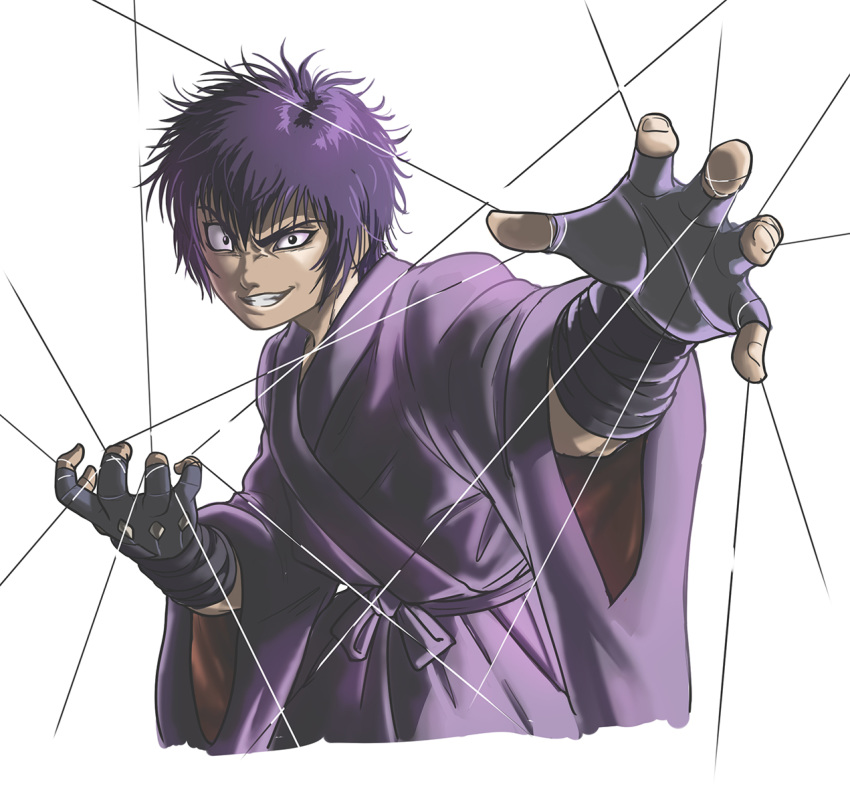 1boy basilisk_(manga) black_eyes bosstseng commentary_request evil_grin evil_smile fingerless_gloves gloves grin japanese_clothes male_focus photoshop_(medium) purple_hair simple_background smile solo upper_body white_background wire yashamaru