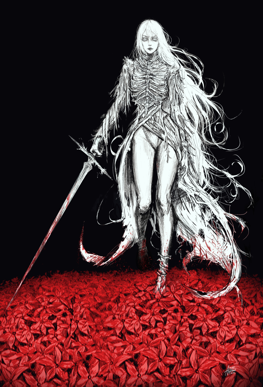 absurdres azure_meraki black_background blood blood_on_weapon closed_mouth commentary_typo female floating ghost highres holding holding_sword holding_weapon leotard long_hair looking_at_viewer making-of_available original ribs simple_background skeleton solo sword very_long_hair weapon