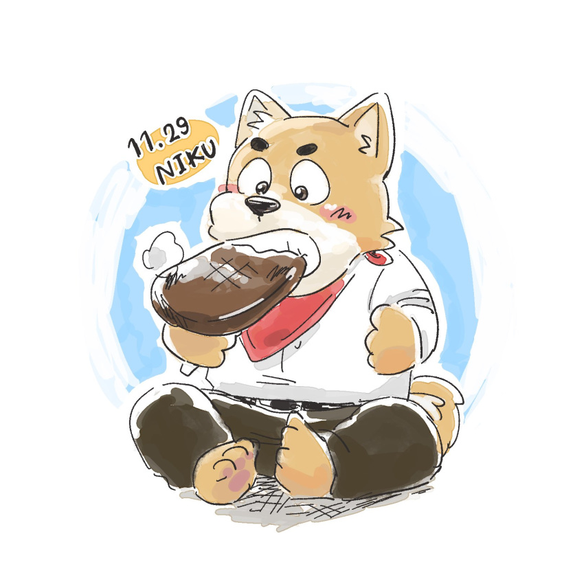 1:1 2020 anthro bottomwear brown_body brown_fur canid canine canis chibi clothing domestic_dog eating food fur hi_res kemono male mammal nekodon_san pants shirt sitting solo topwear