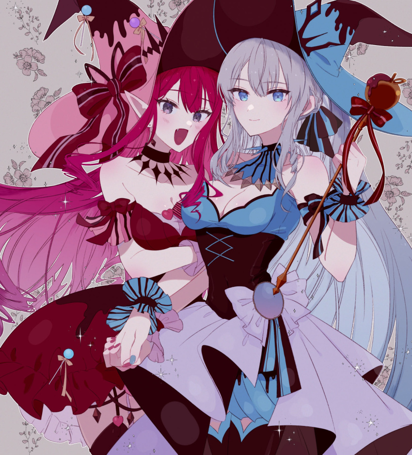 2girls :o arm_grab baobhan_sith_(fate) baobhan_sith_(valentine_witches)_(fate) bare_shoulders blue_eyes blue_hair blue_nails blush breasts choker cleavage corset detached_collar fate/grand_order fate_(series) grey_background grey_eyes grey_hoodie highres holding_hands hood hoodie long_hair looking_at_viewer medium_breasts monimn_n morgan_le_fay_(fate) morgan_le_fay_(valentine_witches)_(fate) mother_and_daughter multiple_girls oerba_yun_fang open_mouth pantyhose pink_hair pointy_ears red_nails smile thighhighs