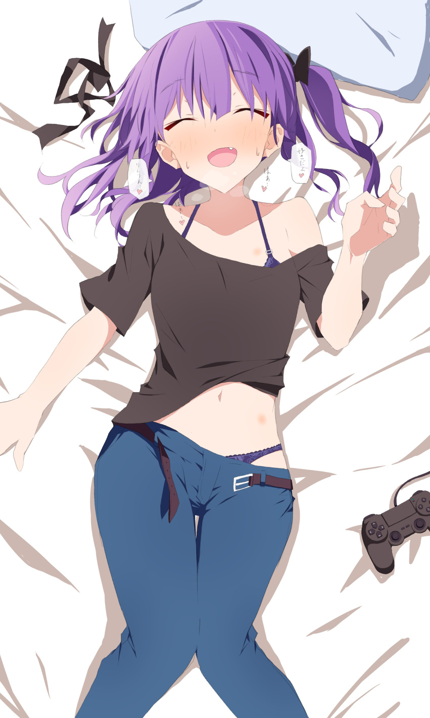 ^_^ absurdres aged_up bang_dream! bed_sheet belt black_ribbon black_shirt blush bra bra_peek bra_strap closed_eyes clothes_lift clothes_pull commentary_request controller denim feet_out_of_frame female from_above game_controller gamepad hair_ribbon heart heavy_breathing hickey highres implied_yuri jeans kai3700 lace-trimmed_bra lace-trimmed_panties lace_trim lying medium_hair navel oerba_yun_fang off_shoulder on_back on_bed one_side_up open_belt open_mouth panties pants pants_pull panty_peek pillow purple_bra purple_hair purple_panties ribbon shirt shirt_lift short_sleeves solo sound_effects stomach sweat t-shirt translated udagawa_ako underwear untied