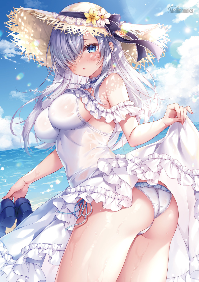 ass bare_shoulders blue_choker blue_eyes blue_sky breasts brown_hat choker clothes_lift cowboy_shot day dress dress_lift female frilled_dress frilled_panties frills from_behind frown hair_over_one_eye hat highres large_breasts lifting_own_clothes long_hair looking_at_viewer looking_back melonbooks mitsuba_choco ocean original outdoors panties parted_lips see-through shoes side-tie_panties sister-chan_(mitsuba_choco) sky sleeveless sleeveless_dress solo standing straw_hat string_panties sunlight twisted_torso underwear unworn_shoes white_hair white_panties