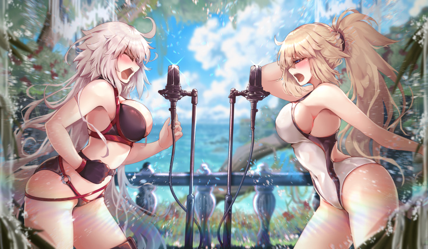 2girls ahoge bare_shoulders bikini black_bikini black_choker black_gloves blonde_hair blue_eyes breasts choker cleavage closed_eyes collarbone commentary day fate/grand_order fate_(series) gloves grey_hair high_ponytail highleg highleg_swimsuit highres jeanne_d'arc_(fate) jeanne_d'arc_(swimsuit_archer)_(fate) jeanne_d'arc_(swimsuit_archer)_(second_ascension)_(fate) jeanne_d'arc_alter_(fate) jeanne_d'arc_alter_(swimsuit_berserker)_(fate) large_breasts long_hair microphone microphone_stand multiple_girls o-ring o-ring_bikini o-ring_bottom one-piece_swimsuit outdoors ru_251 sideboob single_glove standing swimsuit thigh_strap thighs very_long_hair