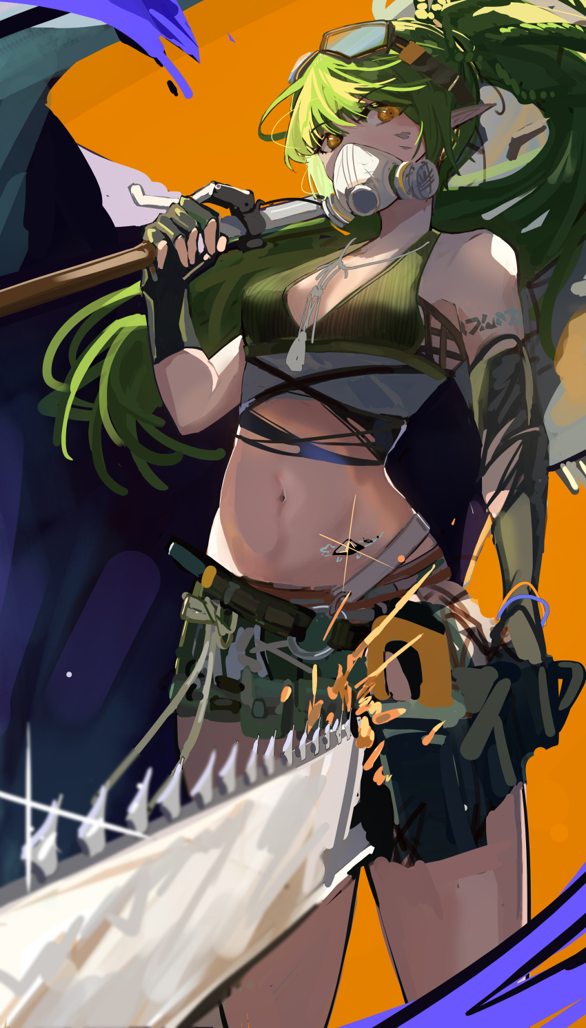 absurdres arknights asymmetrical_gloves bare_shoulders black_gloves chainsaw cowboy_shot crop_top female fingerless_gloves gavial_(arknights) gavial_the_invincible_(arknights) gloves goggles goggles_on_head green_hair highres long_hair looking_at_viewer maple_(luoty111) mask midriff mouth_mask navel orange_background ponytail solo standing stomach thighs very_long_hair yellow_eyes