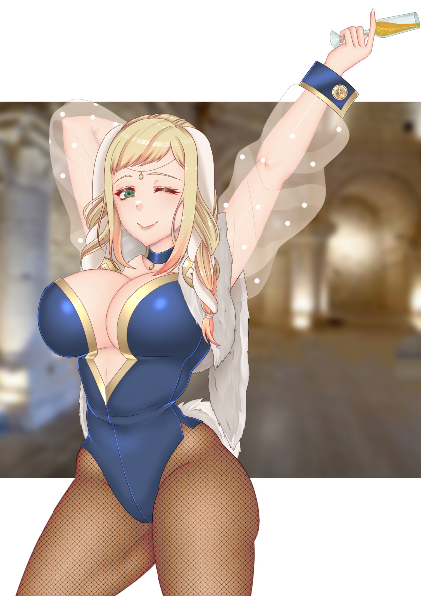 absurdres alternate_costume animal_ears arms_up blonde_hair breasts choker cleavage closed_mouth commentary cryptid_crab cup detached_sleeves drinking_glass fake_animal_ears female fingernails fire_emblem fire_emblem_heroes fishnets green_eyes henriette_(fire_emblem) highres holding holding_cup large_breasts leotard lips looking_at_viewer one_eye_closed pantyhose pink_lips playboy_bunny rabbit_ears rabbit_tail see-through see-through_sleeves sidelocks smile tail thighs wrist_cuffs