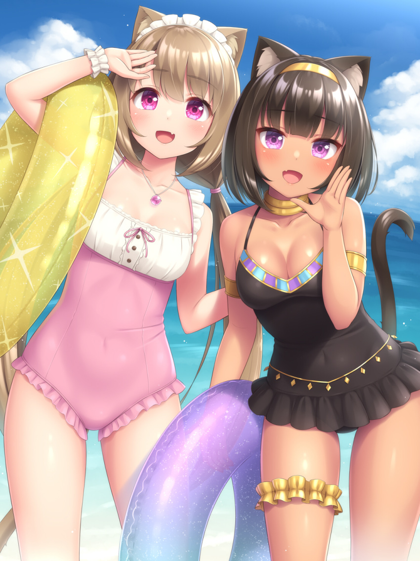 2girls :d animal_ear_fluff animal_ears armlet bare_shoulders beach black_hair black_one-piece_swimsuit blue_sky blunt_bangs breasts bridal_garter casual_one-piece_swimsuit cat_ears cat_girl cat_tail cleavage cloud collarbone commentary dark-skinned_female dark_skin day egyptian_cat_(sasaame) frilled_one-piece_swimsuit frills hairband hand_up highres innertube jewelry light_brown_hair looking_at_viewer maid maid_headdress maid_one-piece_swimsuit medium_breasts multiple_girls neck_ring oerba_yun_fang one-piece_swimsuit open_mouth original outdoors pendant pink_eyes pink_one-piece_swimsuit purple_eyes sasaame scrunchie short_hair skin_fang sky smile swim_ring swimsuit tail thighs torte_(sasaame) unconventional_maid underbust water wrist_scrunchie yellow_hairband