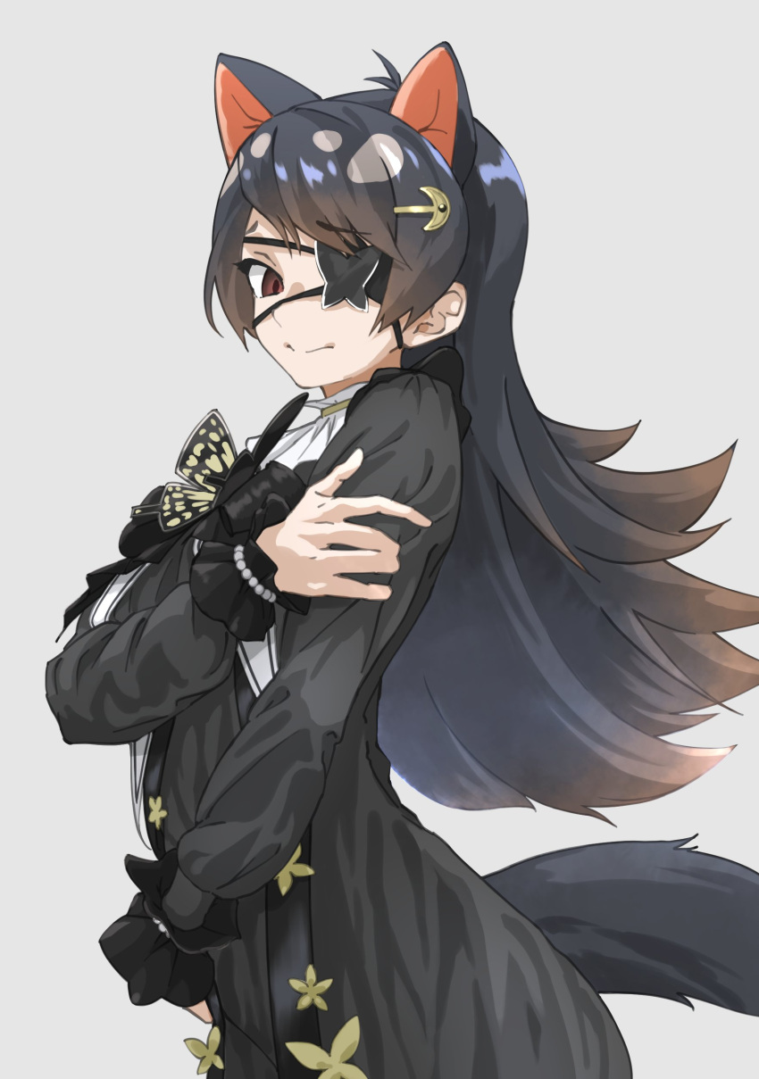 absurdres animal_ears australian_devil_(kemono_friends) black_dress black_hair brown_eyes commentary dress empty_eyes extra_ears eyepatch female gothic_lolita grey_background hair_ornament hairclip highres kemono_friends lolita_fashion long_hair long_sleeves looking_at_viewer one_eye_covered simple_background solo swept_bangs tanabe_(fueisei) tasmanian_devil_ears tasmanian_devil_tail