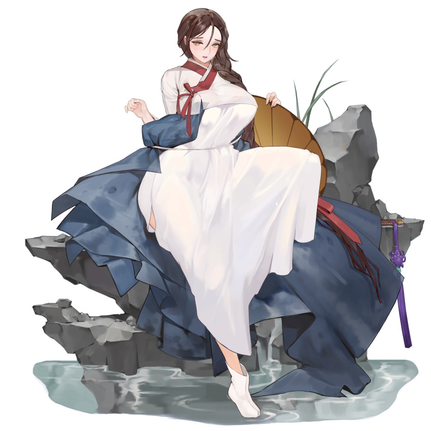 blush braid breasts brown_eyes brown_hair chinese_knot curvy female full_body game_cg hair_between_eyes hanbok highres keumran_(last_origin) knee_up korean_clothes large_breasts last_origin leg_up long_hair looking_at_viewer official_alternate_costume official_art open_mouth reflection reflective_water rock rorobomb single_braid sitting solo sword thighs third-party_source transparent_background very_long_hair water weapon wet wet_clothes wet_hair white_footwear wide_hips