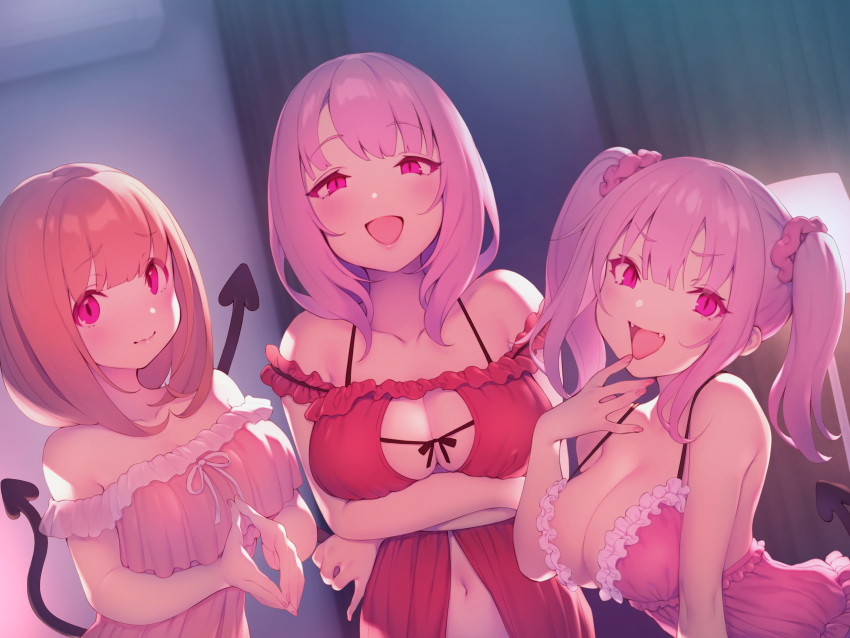 3girls :d babydoll bare_arms bare_shoulders black_ribbon blunt_bangs blush breasts cleavage closed_mouth collarbone crossed_arms demon_girl demon_tail dress fangs finger_to_mouth frilled_dress frills highres indoors lamp large_breasts leaning_forward looking_at_viewer multiple_girls navel non-web_source off-shoulder_dress off_shoulder official_art open_mouth orange_hair original own_hands_together pink_dress pink_eyes pink_hair pokachu ribbon short_hair sidelocks slit_pupils smile strap_gap tail twintails v-shaped_eyebrows white_ribbon