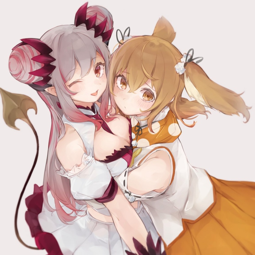 2girls animal_ears animare bad_id bad_twitter_id bare_shoulders between_breasts blush breasts brown_eyes brown_hair cleavage closed_mouth crossover demon_girl demon_horns demon_tail detached_sleeves from_above grey_background grey_hair hair_between_eyes honey_strap horns hug inaba_haneru_(animare) large_breasts long_hair long_sleeves looking_at_viewer multicolored_hair multiple_girls nanashi_inc. necktie necktie_between_breasts one_eye_closed pink_hair pointy_ears rabbit_ears red_eyes red_necktie rippootai simple_background smile suou_patra tail virtual_youtuber