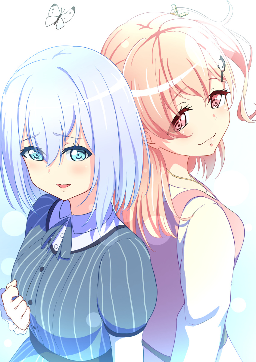 2girls :3 back-to-back bang_dream! blue_background blue_dress blue_eyes blush breasts bug butterfly cat_hair_ornament collared_shirt commentary_request dress frilled_sleeves frills furrowed_brow gradient_background grey_hair hair_between_eyes hair_ornament hair_ribbon highres hiromachi_nanami jewelry kurata_mashiro large_breasts long_hair long_sleeves looking_at_viewer medium_breasts multiple_girls necklace one_side_up open_mouth orange_hair pink_dress pink_eyes puffy_short_sleeves puffy_sleeves ribbon sakamata_(sakamata4) shirt short_hair short_sleeves sidelocks sleeveless sleeveless_dress smile striped_clothes striped_dress upper_body vertical-striped_clothes vertical-striped_dress white_background white_shirt