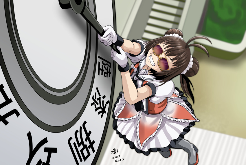 antenna_hair black_neckerchief brown_hair clenched_teeth clock double_bun female gloves grabbing hanging kantai_collection naka_(kancolle) naka_kai_ni_(kancolle) neckerchief puffy_short_sleeves puffy_sleeves school_uniform serafuku short_sleeves solo sunglasses teeth tk8d32 white_gloves