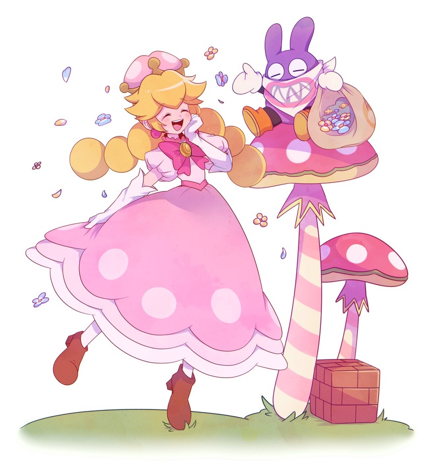 1other block_(mario) block_(object) boots bow braid brown_footwear crown dress earrings elbow_gloves female flower gloves grass highres jewelry knapsack long_dress mario_(series) mushroom nabbit new_super_mario_bros._u_deluxe omochiutyu peachette pearl_earrings pink_dress protected_link puffy_short_sleeves puffy_sleeves short_sleeves sidelocks simple_background skirt_hold smile super_crown toadette tossing twin_braids white_background white_gloves