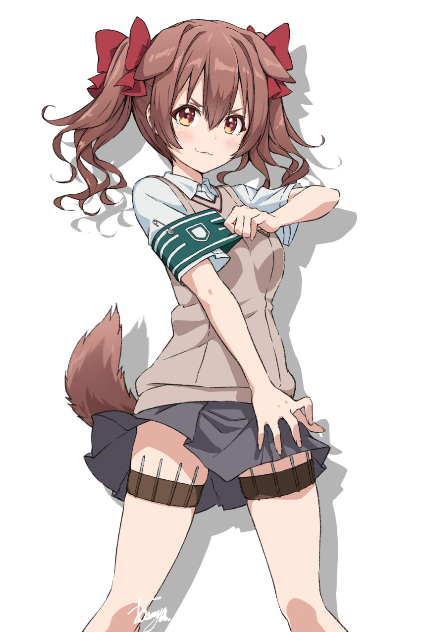 :3 animal_ears armband asanaya between_fingers bow breasts brown_eyes brown_sweater_vest brown_tail collared_shirt cosplay dog_ears dog_girl dog_tail dot_nose dress_shirt drop_shadow extra_ears feet_out_of_frame female green_armband grey_skirt hair_between_eyes hairbow highres holding hololive inugami_korone light_blush looking_at_viewer miniskirt needle pleated_skirt red_bow safety_pin school_uniform shirai_kuroko shirai_kuroko_(cosplay) shirt short_sleeves signature simple_background skirt solo summer_uniform sweater_vest tail thigh_strap thighs throwing_needles toaru_kagaku_no_railgun toaru_majutsu_no_index tokiwadai_school_uniform twintails v-neck v-shaped_eyebrows virtual_youtuber white_background white_shirt