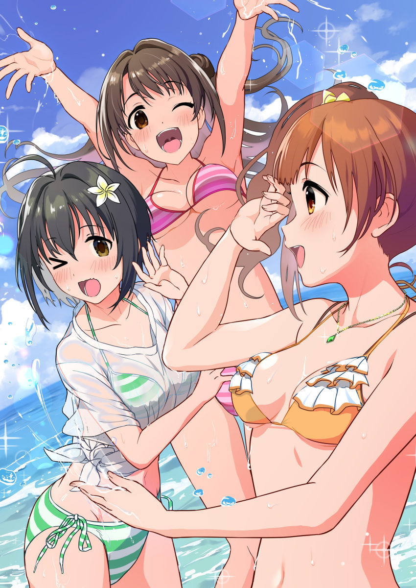 3girls absurdres ahoge arms_up bikini black_hair breasts brown_eyes brown_hair flower frilled_bikini frills green_bikini hair_flower hair_ornament highres idolmaster idolmaster_cinderella_girls igarashi_kyoko kohinata_miho large_breasts long_hair medium_breasts multiple_girls natsuya_(natuya777) navel ocean one_eye_closed open_mouth outdoors pink_bikini see-through shimamura_uzuki shirt short_hair short_sleeves side-tie_bikini_bottom smile stomach string_bikini swimsuit tied_shirt wet wet_clothes wet_shirt white_shirt yellow_bikini