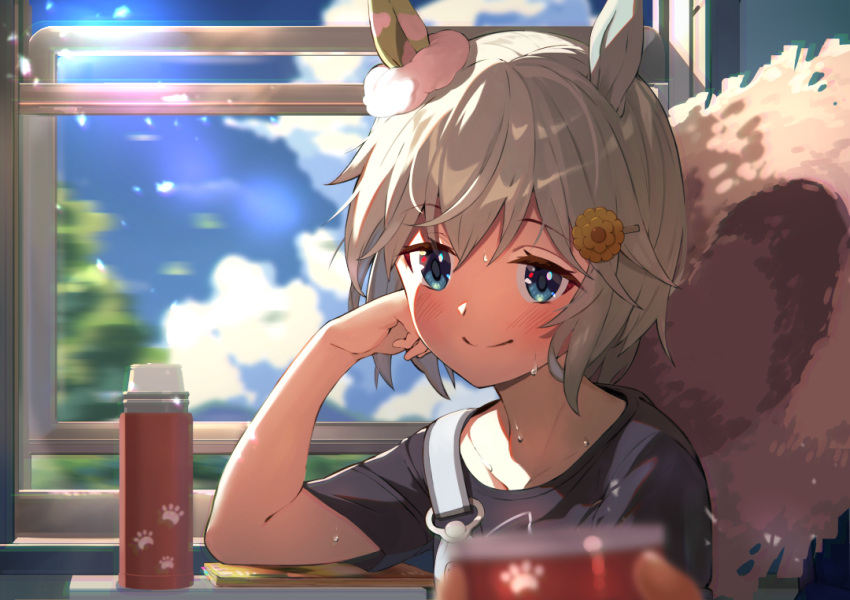 animal_ears black_shirt blue_eyes blue_sky commentary day ear_covers female flower hair_flower hair_ornament hairclip hat head_rest horse_ears horse_girl light_green_hair looking_at_viewer overalls panda_inu seiun_sky_(umamusume) shirt short_hair short_sleeves single_ear_cover sky smile straw_hat sweat t-shirt thermos train_interior umamusume upper_body window yellow_flower