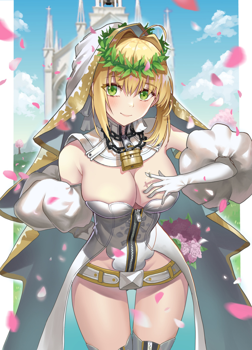 absurdres ahoge belt blonde_hair breasts bridal_veil detached_sleeves fate/grand_order fate_(series) female full-length_zipper green_eyes hair_intakes head_wreath highres large_breasts leotard lock nero_claudius_(bride)_(fate) nero_claudius_(bride)_(third_ascension)_(fate) nero_claudius_(fate) padlock padlocked_collar puffy_detached_sleeves puffy_sleeves showgirl_skirt sidelocks uha veil white_belt white_leotard white_sleeves white_veil zipper