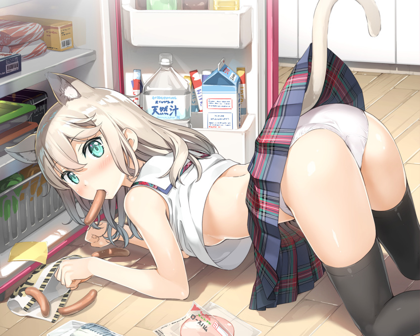 all_fours animal_ears aqua_eyes ass bag bare_shoulders black_thighhighs blush bottle breasts cat_ears cat_tail clothes_lift commentary crop_top eating extra_ears female food from_behind highres kantoku lifted_by_tail light_brown_hair long_hair looking_at_viewer mouth_hold original panties pleated_skirt refrigerator refrigerator_interior sausage skirt skirt_lift sleeveless solo tail tail_raised thighhighs top-down_bottom-up underwear uniform white_panties