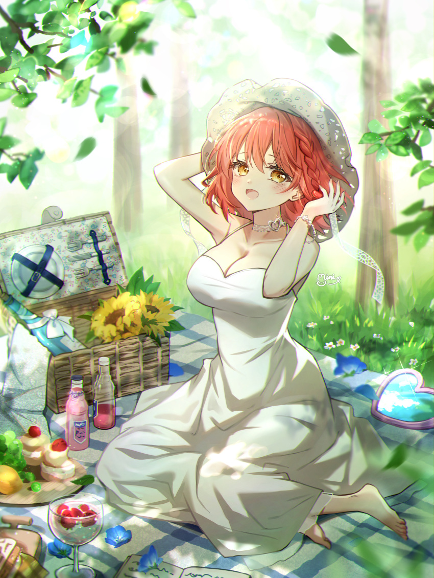 :d absurdres bare_arms bare_shoulders barefoot blue_flower blush bottle bracelet braid breasts brown_eyes cleavage collarbone commentary commission cup danby_merong day dress drinking_glass falling_leaves female flower food fruit hair_between_eyes highres jewelry large_breasts leaf looking_at_viewer orange_hair original outdoors picnic picnic_basket sitting sleeveless sleeveless_dress smile solo strawberry sunflower symbol-only_commentary tree white_dress yellow_flower yokozuwari