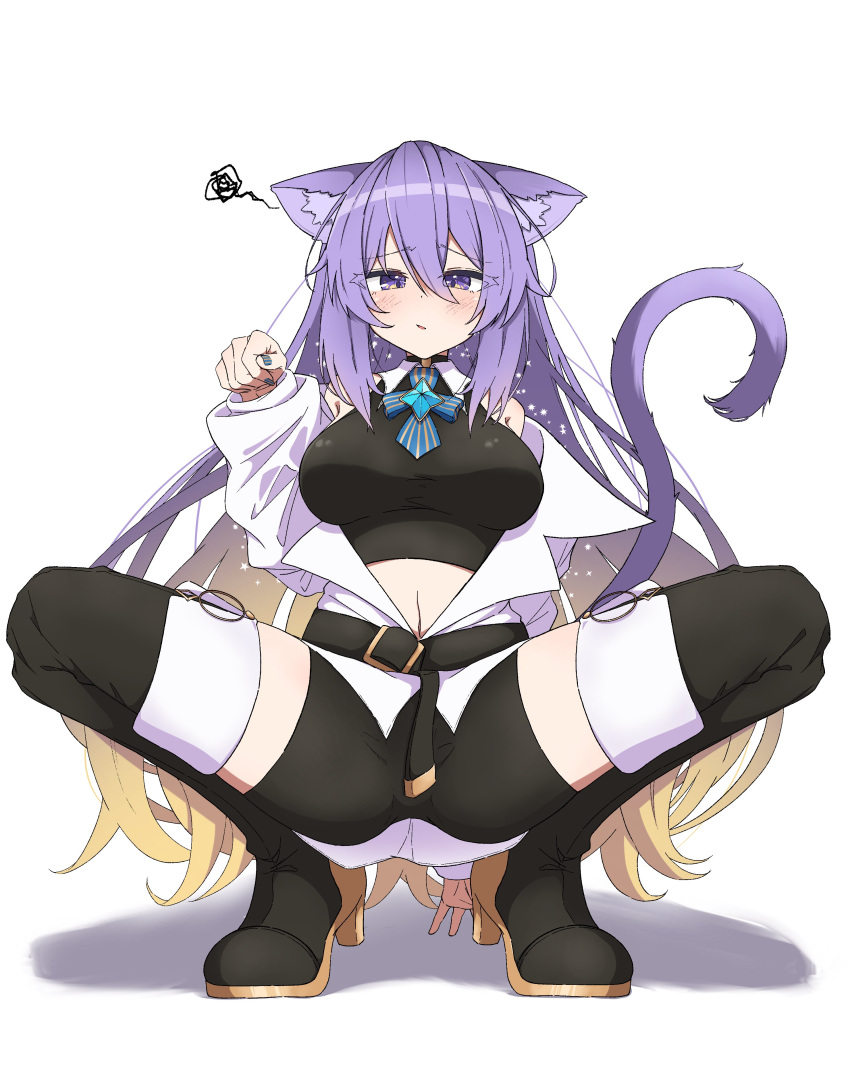 absurdres animal_ears bare_shoulders boots breasts cat_ears cat_tail colored_inner_hair crop_top female full_body highres hololive hololive_indonesia long_hair looking_at_viewer midoku_(itijikusakura) moona_hoshinova moona_hoshinova_(1st_costume) multicolored_hair nail_polish paw_pose purple_eyes purple_hair shirt solo spread_legs squatting squiggle starry_hair tail thigh_boots two-tone_hair virtual_youtuber