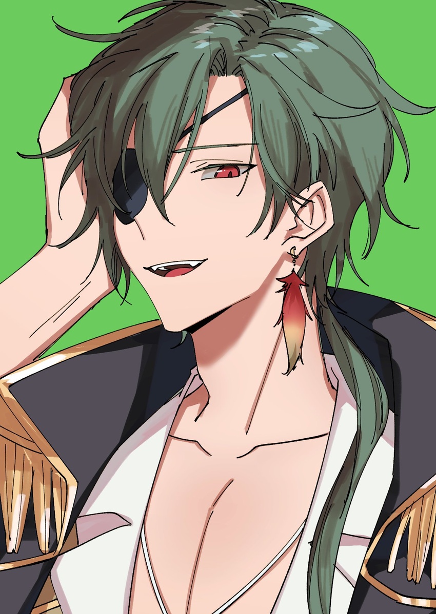 1boy 3di_project bad_id bad_twitter_id collarbone collared_shirt commentary earrings eyepatch feather_earrings feathers green_background green_hair highres jewelry jortun_leventor long_hair male_focus oerba_yun_fang open_mouth pirate pirate_costume red_eyes rigu_(3di) shirt solo virtual_youtuber