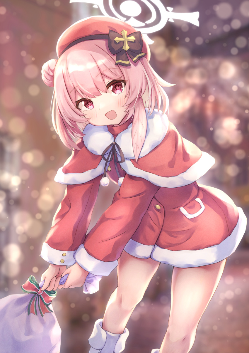 bare_legs black_gloves blue_archive christmas female gloves halo handbell hat highres matsu520 official_alternate_costume pink_eyes pink_hair santa_costume santa_hat serina_(blue_archive) serina_(christmas)_(blue_archive) solo thighs