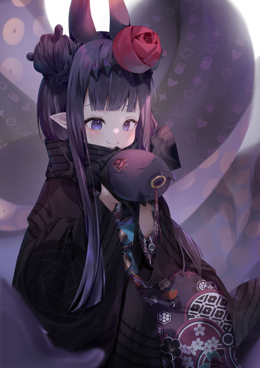 absurdres black_scarf blunt_bangs braid braided_bun closed_mouth commentary double_bun female flower gloves hair_bun hair_flower hair_ornament headpiece highres hololive hololive_english japanese_clothes kimono long_hair mole mole_under_eye ninomae_ina'nis ninomae_ina'nis_(new_year) obi obiage obijime official_alternate_costume official_alternate_hairstyle pointy_ears pola_(1021) purple_eyes purple_hair purple_kimono sash scarf sidelocks single_hair_bun smile solo standing takodachi_(ninomae_ina'nis) tentacle virtual_youtuber