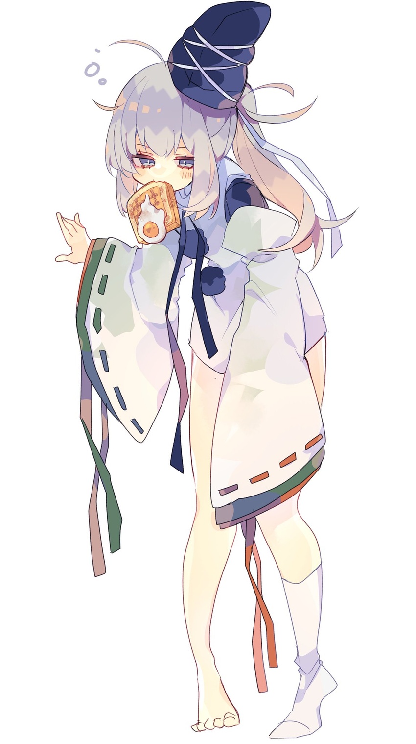 blue_hat blush bread bread_slice commentary female food food_in_mouth fried_egg fried_egg_on_toast full_body grey_eyes grey_hair hair_ribbon hat highres japanese_clothes kariginu long_hair long_sleeves messy_hair mononobe_no_futo mouth_hold nikorashi-ka no_pants no_shoes ponytail ribbon ribbon-trimmed_sleeves ribbon_trim sidelocks simple_background single_bare_leg single_sock sleepy sleeves_past_fingers sleeves_past_wrists socks solo squeans symbol-only_commentary tate_eboshi toast toast_in_mouth touhou white_background white_socks wide_sleeves