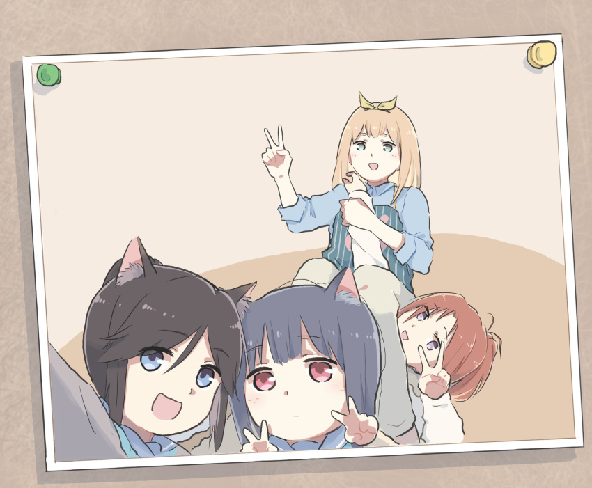 4girls animal_ears apron arm_grab armbar black_hair blonde_hair blue_eyes blue_sailor_collar bow brown_hair cat_ears commentary double_v grabbing hairbow hibike!_euphonium highres joint_lock kasaki_nozomi kitauji_high_school_uniform lyy multiple_girls nakagawa_natsuki pants photo_(object) pushpin red_eyes red_hair sailor_collar school_uniform selfie serafuku submission_hold sweater symbol-only_commentary v wrestling yoroizuka_mizore yoshikawa_yuuko