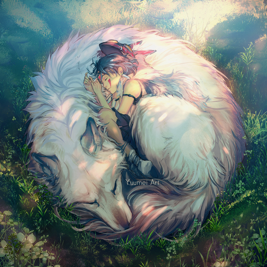 1:1 black_hair canid canine canis closed_eyes clothed clothing duo facial_markings female feral fur ghibli grass hair head_markings hi_res human larger_feral mammal markings mononoke_hime moro-no-kimi outside plant quadruped san_(princess_mononoke) size_difference sleeping smaller_human watermark white_body white_fur wolf yuumei