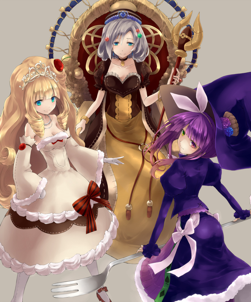 3girls blonde_hair blue_eyes bow bracelet detached_sleeves dress duel_monster fork gloves grey_hair hair_ornament hair_ribbon hat heterochromia highres jewelry leggings madolche_magileine madolche_puddingcess madolche_queen_tiaramisu multiple_girls necklace puffy_short_sleeves puffy_sleeves purple_hair ribbon rr_(rr2) scepter shoes short_sleeves smile tiara witch_hat yu-gi-oh!