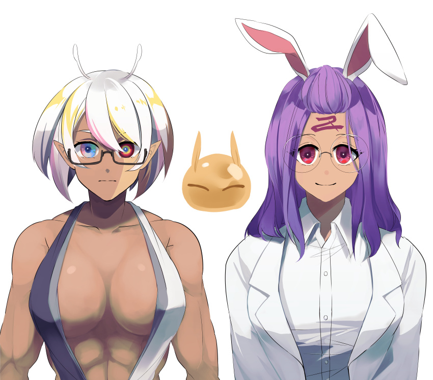 2girls absurdres animal_ears antennae breasts colored_skin crossover_nexus_project crossover_nexus_series dark-skinned_female dark_skin ericht_(isekai_monogatari) glasses highres isekai_monogatari_series lab_coat large_breasts medium_hair multicolored_eyes multicolored_hair multicolored_skin multiple_girls muscular muscular_female no_bra pointy_ears purple_hair rabbit_ears red_eyes rider_(isekai_monogatari) short_hair slime_(creature) tattoo tsang_fei two-tone_skin white_hair