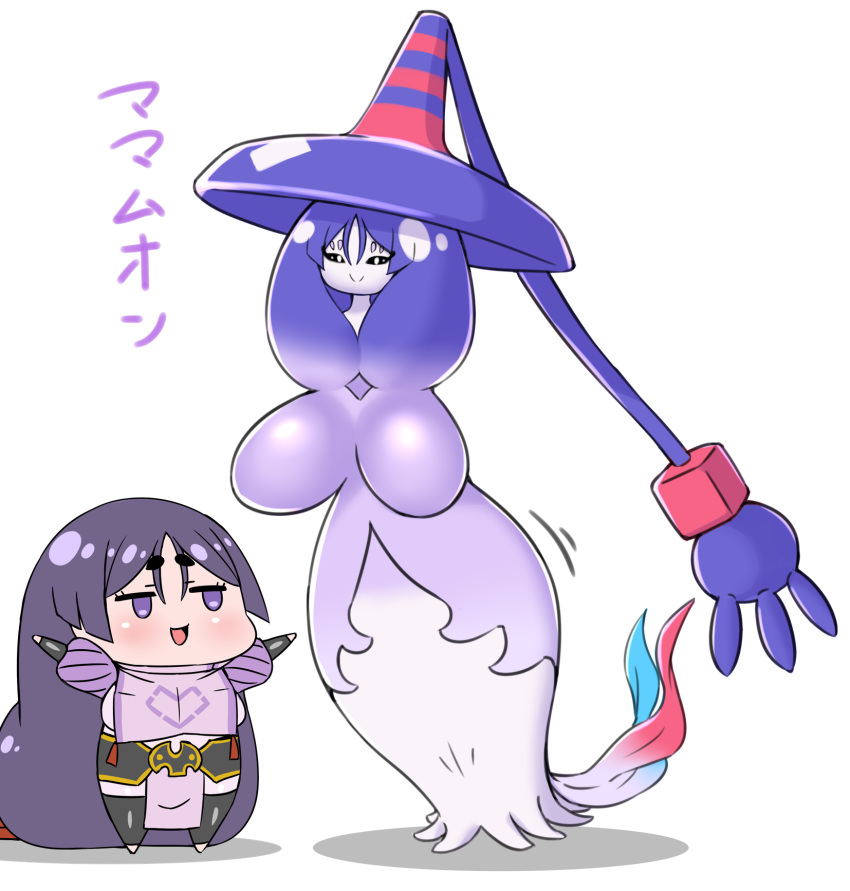 absurdly_long_hair alternate_color chibi commentary_request crossover fate/grand_order fate_(series) female hatterene highres long_hair low-tied_long_hair minamoto_no_raikou_(fate) open_mouth outstretched_arms parted_bangs pokemon pokemon_(creature) purple_eyes purple_hair rei_(rei_rr) smile translation_request very_long_hair