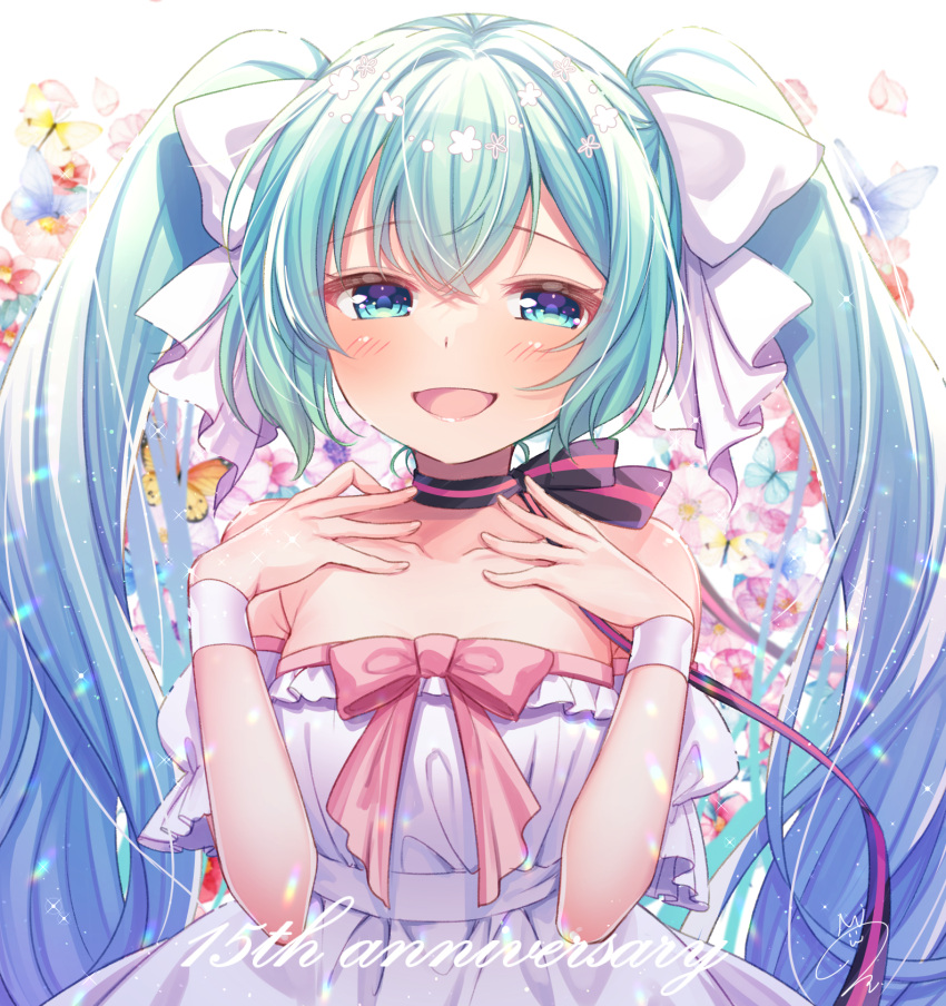 anniversary aqua_eyes aqua_hair bare_shoulders black_choker blush breasts bug butterfly butterfly_background choker cleavage collarbone commentary dress female hair_ribbon hatsune_miku highres kisukekun long_hair looking_at_viewer medium_breasts mixed-language_commentary open_mouth ribbon smile solo twintails vocaloid white_dress white_ribbon