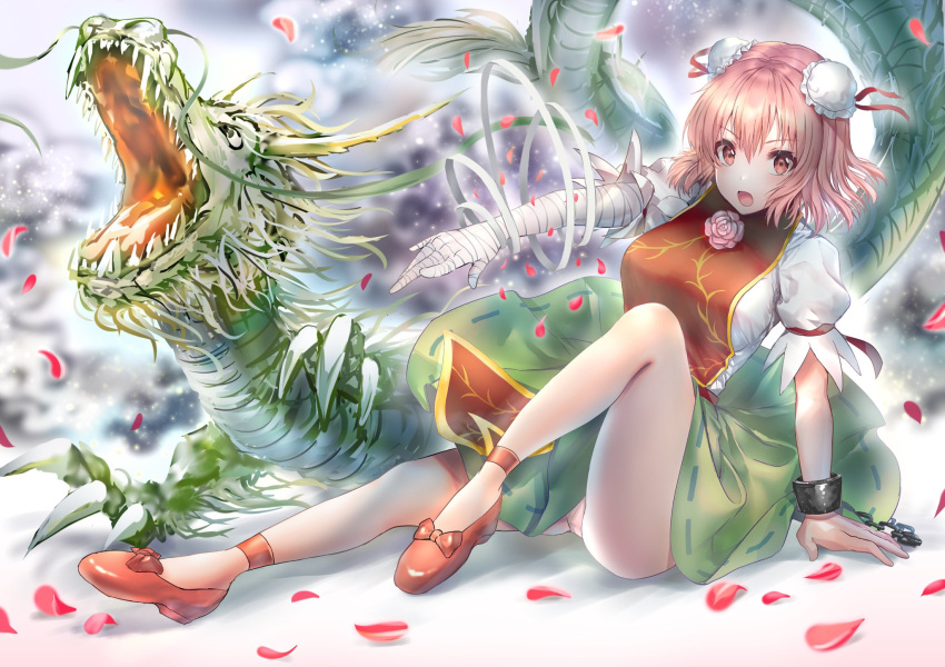 bandaged_arm bandages bow bun_cover chinese_clothes commentary cuffs double_bun dragon eastern_dragon female full_body green_skirt hair_bun high_heels highres ibaraki_kasen knee_up koutei_(touhou) looking_at_viewer open_mouth panties petals pink_eyes pink_hair red_bow red_footwear shackles shirt short_hair short_sleeves sitting skirt tabard tabiji_(tabiji_s) touhou underwear v-shaped_eyebrows white_shirt