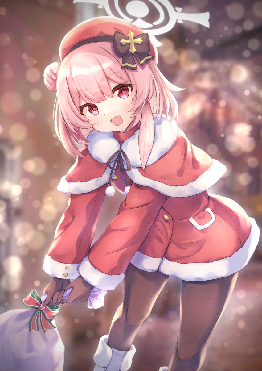 black_gloves black_pantyhose blue_archive christmas female gloves halo handbell hat highres matsu520 official_alternate_costume pantyhose pink_eyes pink_hair santa_costume santa_hat serina_(blue_archive) serina_(christmas)_(blue_archive) solo